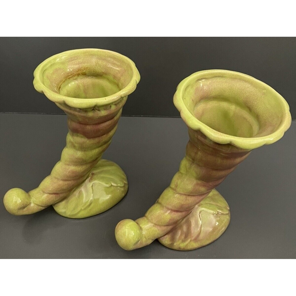 2 Vases West Coast Pottery California 210 Cornucopia Horn Vase Art Deco Vintage